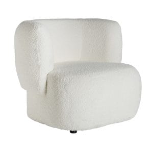Sillón bats bouclé de estilo art deco, fabricado en algodón bouclé en color blanco, combinado con madera de pino en color negro y poliéster.