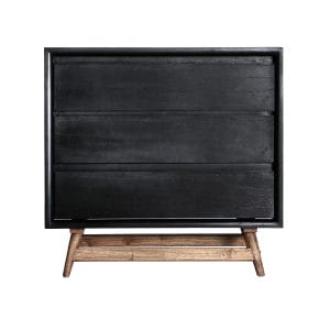 Cómoda thiers de estilo nórdico, fabricado en madera mindi en color negro, combinado con madera contrachapada en color marrón. Producto desmontable.