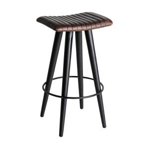 Taburete Befaux de estilo vintage, fabricado en piel en color marrón, combinado con hierro en color negro con acabado mate y madera en color negro.