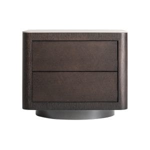 Mesita de noche Wholen de estilo art deco, fabricado en piedra sinterizada en color blanco, combinado con chapa de roble en color marrón y madera dm en color gris.