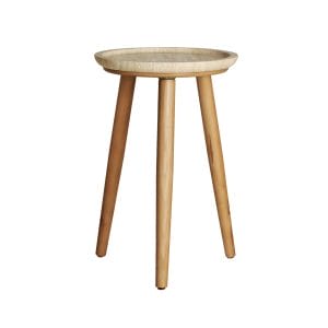 Mesa auxiliar redonda videix de estilo art deco, fabricado en madera abedul en color marrón, combinado con mármol en color beige. Producto desmontable.