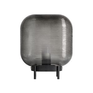 Lámpara de sobremesa lyra de estilo contemporáneo, fabricado en vidrio en color gris con acabado traslúcido, combinado con acero en color negro. Producto desmontable.