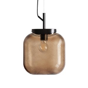 Lámpara de colgar Zaria de estilo contemporáneo, fabricado en vidrio en color ambar con acabado traslúcido, combinado con acero en color negro. Producto desmontable.