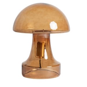 Lámpara de sobremesa Hasselt de estilo contemporáneo, fabricado en vidrio en color ambar con acabado traslúcido, combinado con acero en color oro. Producto desmontable.