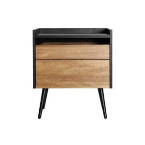 Mesita de noche cuadrada brussa de estilo contemporáneo, fabricado en madera dm en color marrón, combinado con hierro en color negro.