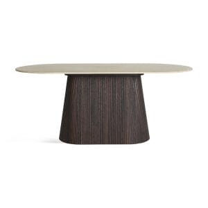 Mesa comedor Verona de estilo contemporáneo, fabricado en madera dm en color nogal con acabado efecto madera, combinado con mármol sintético en color beige.