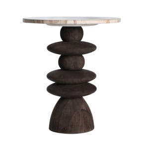 Mesa auxiliar Vrads de estilo contemporáneo, fabricado en madera de mango en color marrón, combinado con mármol en color tonos en marrón. Producto desenfundable.