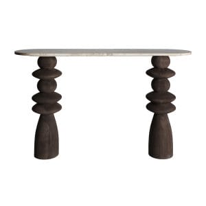 Consola oval vrads de estilo contemporáneo, fabricado en madera de mango en color marrón, combinado con mármol en color tonos en marrón.