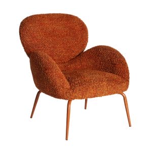 Sillón Ronda de estilo vintage, fabricado en poliéster en color naranja con acabado jaspeado, combinado con hierro en color naranja con acabado brillo.
