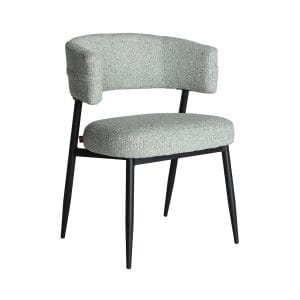 Silla Merano de estilo minimalista, fabricado en poliéster en color verde con acabado jaspeado, combinado con hierro en color negro con acabado mate.