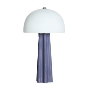 Lámpara de sobremesa Amalfi de estilo moderno, fabricado en hierro en color dorado, combinado con vidrio en color blanco en color morado.