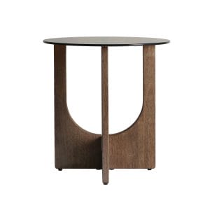 Mesa auxiliar Lubeca de estilo contemporáneo, fabricado en madera de caucho en color marrón, combinado con cristal en color marrón con acabado templado.