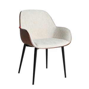 Silla Beesd de estilo moderno, fabricado en madera contrachapada en color marrón, combinado con poliéster en color blanco roto y aluminio en color negro.