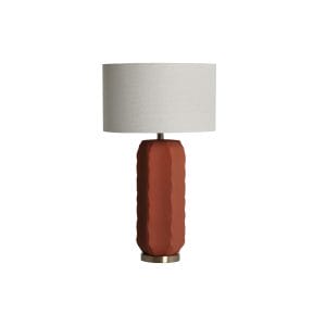 Lámpara de sobremesa Argila de estilo contemporáneo, fabricado en cerámica en color terracota, combinado con acero en color dorado y lino en color blanco roto. Producto desmontable.