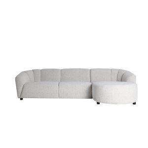 Sofá Gland de estilo contemporáneo, fabricado en poliéster en color blanco con acabado jaspeado, combinado con madera eucalipto y espuma. Producto desmontable.