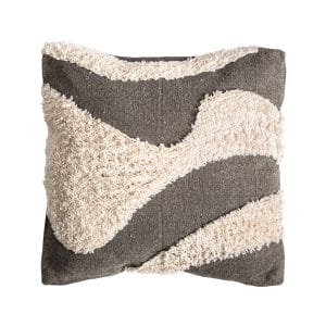 Cojín Sahun, fabricado en algodón en color blanco roto, combinado con poliéster en color gris. Producto desenfundable.