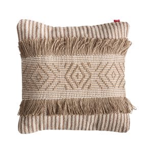 Cojín Serafin de estilo boho, fabricado en yute en color beige, combinado con poliéster en color marrón.