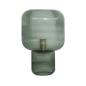 Lámpara de sobremesa Sira de estilo art deco, fabricado en cristal en color verde con acabado estriado, combinado con hierro en color oro.