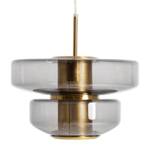 Lámpara de colgar Gala de estilo art deco fabricado en cristal en color gris con acabado traslúcido combinado con hierro en color oro. Producto desmontable.
