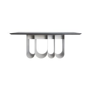 Mesa comedor Arqa de estilo contemporáneo, fabricado en madera dm en color marrón, combinado con melamina y hierro en color gris. Producto desmontable.