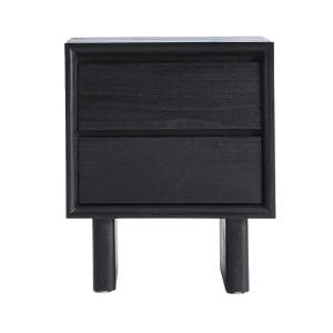 Mesita de noche Demmin de estilo contemporáneo, fabricado en madera mindi en color negro. Producto desmontable.