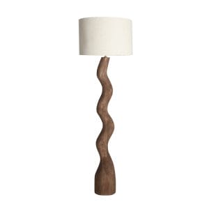 Lámpara de pie Onda de estilo clásico, fabricado en madera de mango en color marrón, combinado con lino en color crema. Producto desmontable.