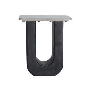 Mesa auxiliar Khej de estilo contemporáneo, fabricado en madera de mango en color negro, combinado con mármol en color marrón. Producto desmontable.