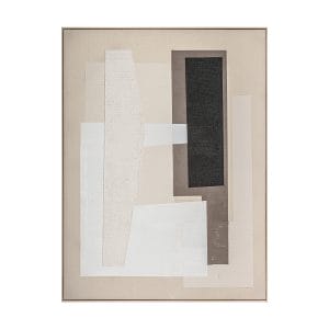 Cuadro Nexo de estilo contemporáneo, fabricado en lienzo en color tonos neutros con acabado artesanal, combinado con madera de pino en color marrón claro.