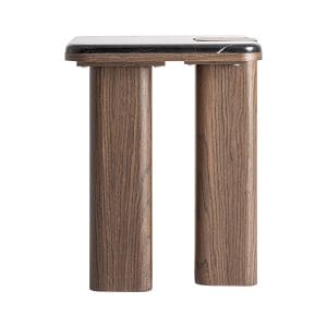 Mesa auxiliar Atlas de estilo contemporáneo, fabricado en madera dm en color marrón, combinado con mármol en color negro con acabado veteado y chapa de madera. Producto desmontable.