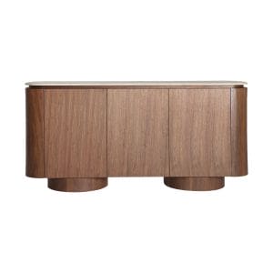 Aparador Dune de estilo contemporáneo, fabricado en mármol sintético en color beige, combinado con madera dm en color marrón y chapa de nogal. Producto desmontable.