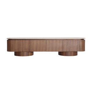 Mueble tv Dune de estilo contemporáneo, fabricado en mármol sintético en color beige, combinado con madera dm en color marrón y chapa de nogal. Producto desmontable.