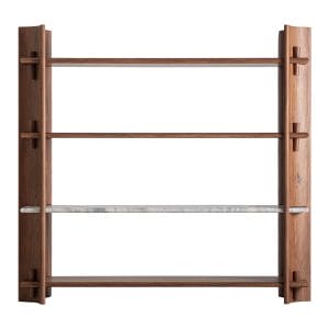 Estanteria Sagy de estilo contemporáneo, fabricado en madera de acacia en color marrón, combinado con mármol en color blanco con acabado veteado. Producto desmontable.