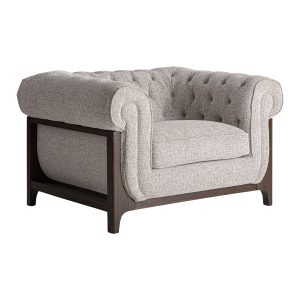 Sillón Ipswich de estilo clásico, fabricado en madera de fresno en color marrón, combinado con poliéster en color gris.
