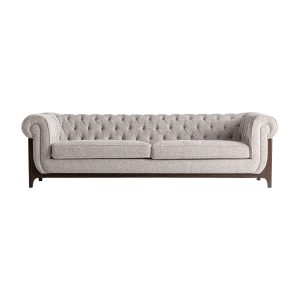 Sofá Ipswich de estilo clásico, fabricado en madera de fresno en color marrón, combinado con poliéster en color gris. Producto desenfundable.