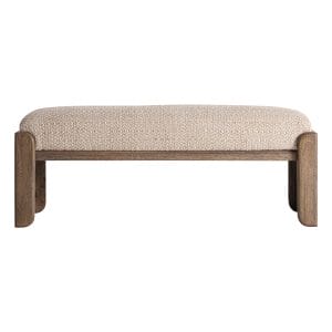 Pie de cama Liermo de estilo contemporáneo, fabricado en yute en color beige, combinado con madera de mango en color marrón.