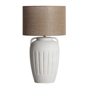 Lámpara de sobremesa Serhe de estilo clásico, fabricado en cerámica en color blanco roto, combinado con poliéster en color marrón. Producto desmontable.