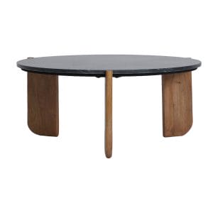 Mesa de centro Valigny de estilo contemporáneo, fabricado en mármol en color negro con acabado veteado, combinado con madera de mango en color marrón. Producto desmontable.