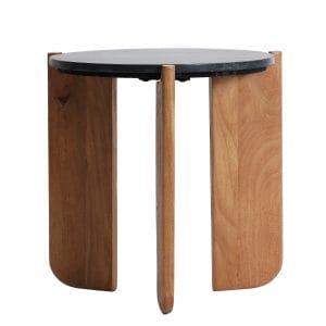 Mesa auxiliar Valigny de estilo contemporáneo, fabricado en mármol en color negro con acabado veteado, combinado con madera de mango en color marrón. Producto desmontable.