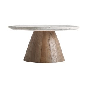 Mesa auxiliar Lautrec de estilo nórdico, fabricado en terrazo en color blanco, combinado con madera de mango en color marrón. Producto desmontable.