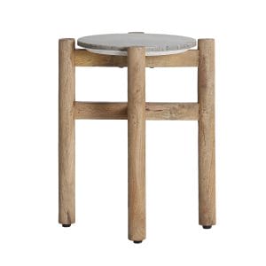 Mesa auxiliar Lacuane de estilo nórdico, fabricado en mármol en color gris, combinado con madera de mango en color marrón. Producto desmontable.