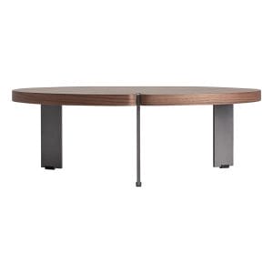 Mesa de centro Geneiken de estilo contemporáneo, fabricado en chapa de nogal en color marrón, combinado con madera dm y acero inoxidable en color gris.