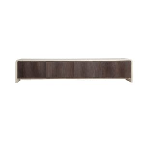 Mueble tv Milhar de estilo contemporáneo, fabricado en madera de mango en color marrón, combinado con madera dm en color beige.