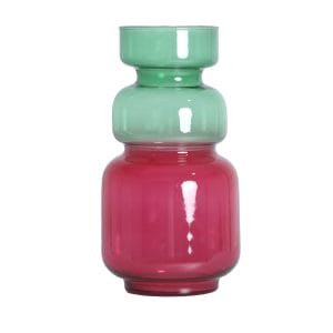 Jarrón Noah de estilo contemporáneo, fabricado en cristal en color fucsia con acabado traslúcido en color verde con acabado traslúcido.