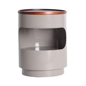 Mesita de noche Noa de estilo contemporáneo, fabricado en hierro en color gris con acabado brillo, combinado con madera de acacia en color marrón.