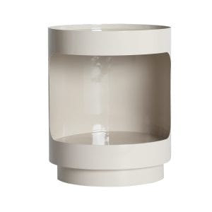 Mesita de noche Mist de estilo contemporáneo, fabricado en hierro en color blanco roto con acabado brillo.