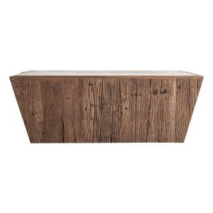 Mesa de centro Merkem de estilo rústico, fabricado en madera recuperada en color marrón con acabado envejecido, combinado con travertino en color beige con acabado satinado.