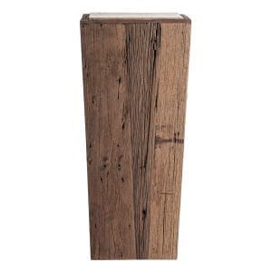 Peana Merkem de estilo rústico, fabricado en madera recuperada en color marrón con acabado envejecido, combinado con travertino en color beige con acabado satinado.
