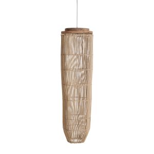 Lámpara de colgar Kusse de estilo boho, fabricado en ratán en color marrón claro, combinado con madera suar en color marrón.