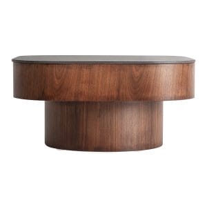Mesa de centro Neufs de estilo contemporáneo, fabricado en mármol sintético en color negro, combinado con madera contrachapada en color marrón y chapa de nogal.