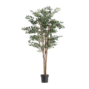 Planta Ficus de estilo contemporáneo, fabricado en poliéster en color verde, combinado con polietileno en color marrón y madera en color marrón. Producto plegable.